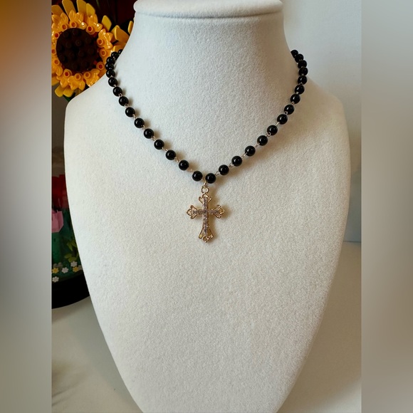 Gold Tone Crystal Cross Pendant Necklace & Drop Dangle Earrings Set - Picture 5 of 6